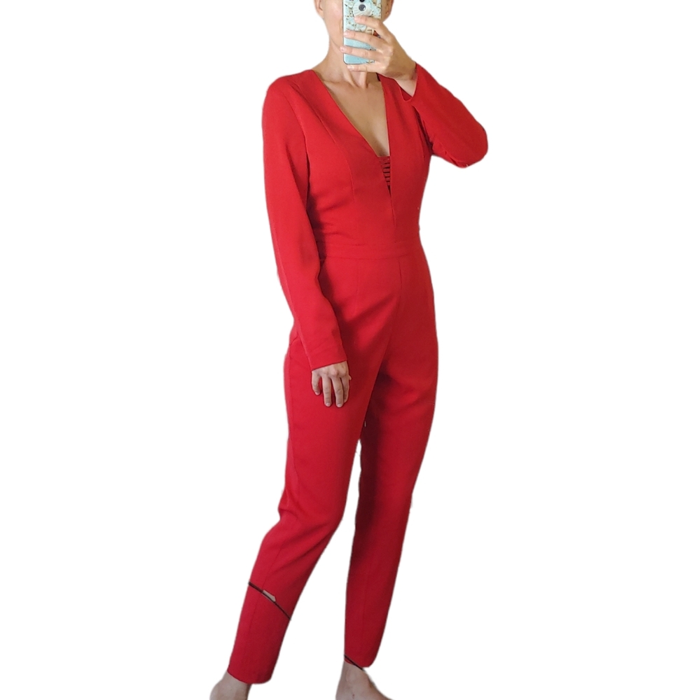 Adelyn Rae Red long sleeves jumpsuit slimly cut open back size small